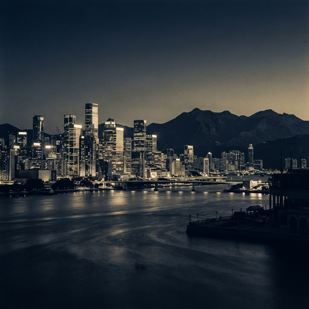 A financial district skyline at dusk merging into distant mountains, evoking the cross-border capital corridor